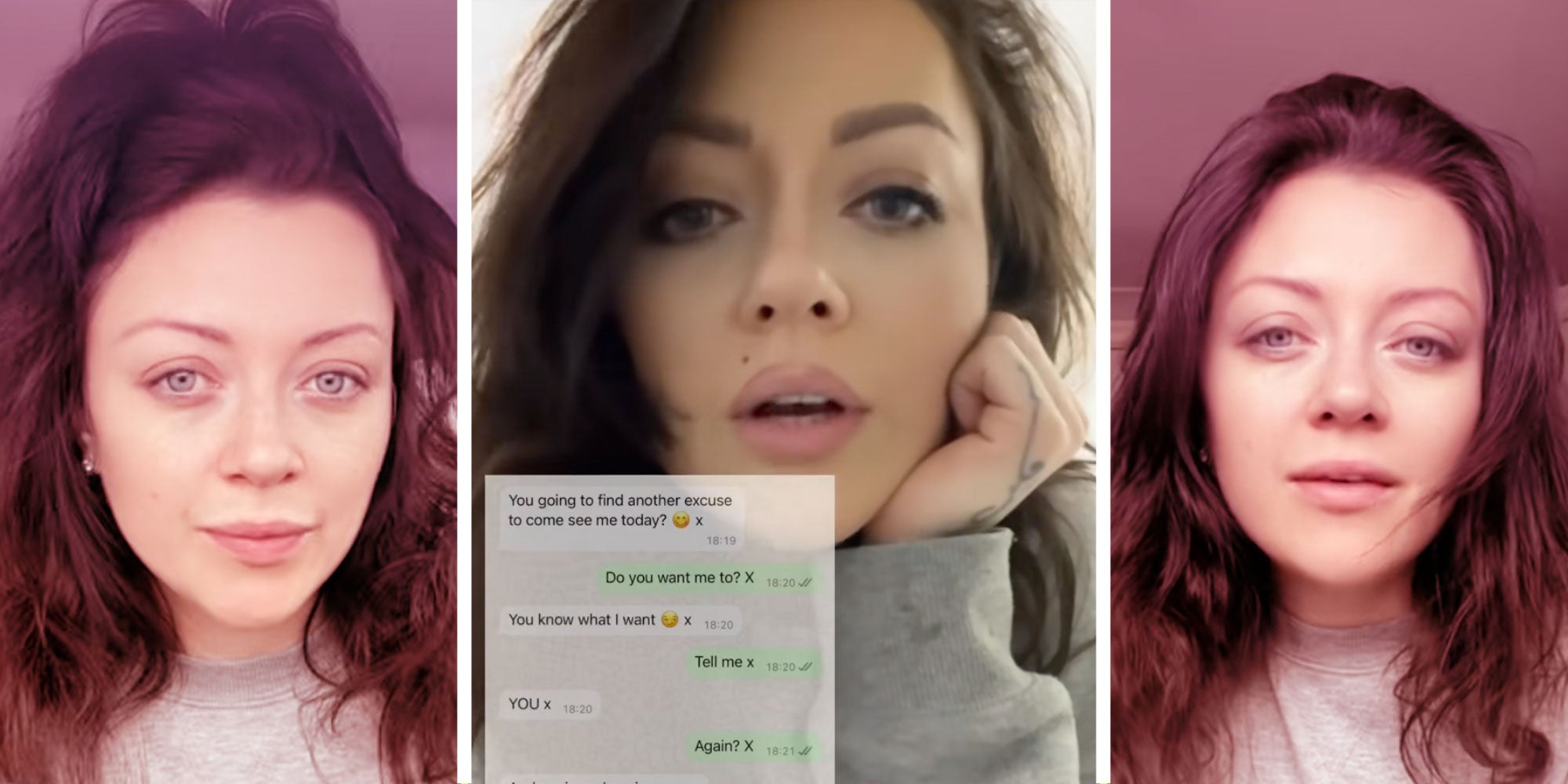 Three screenshots of Tiktok user @txcstories; Center: Tiktok user @txcstories with a screenshot of a Whatsapp message.