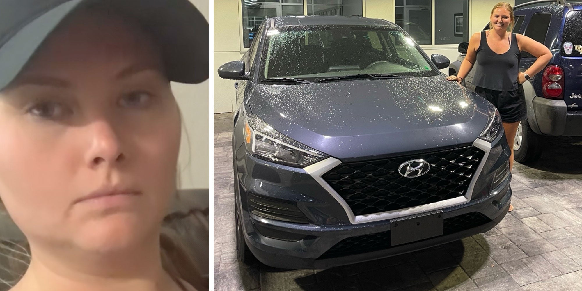 2 image split. Woman, Hyundai Tuscon