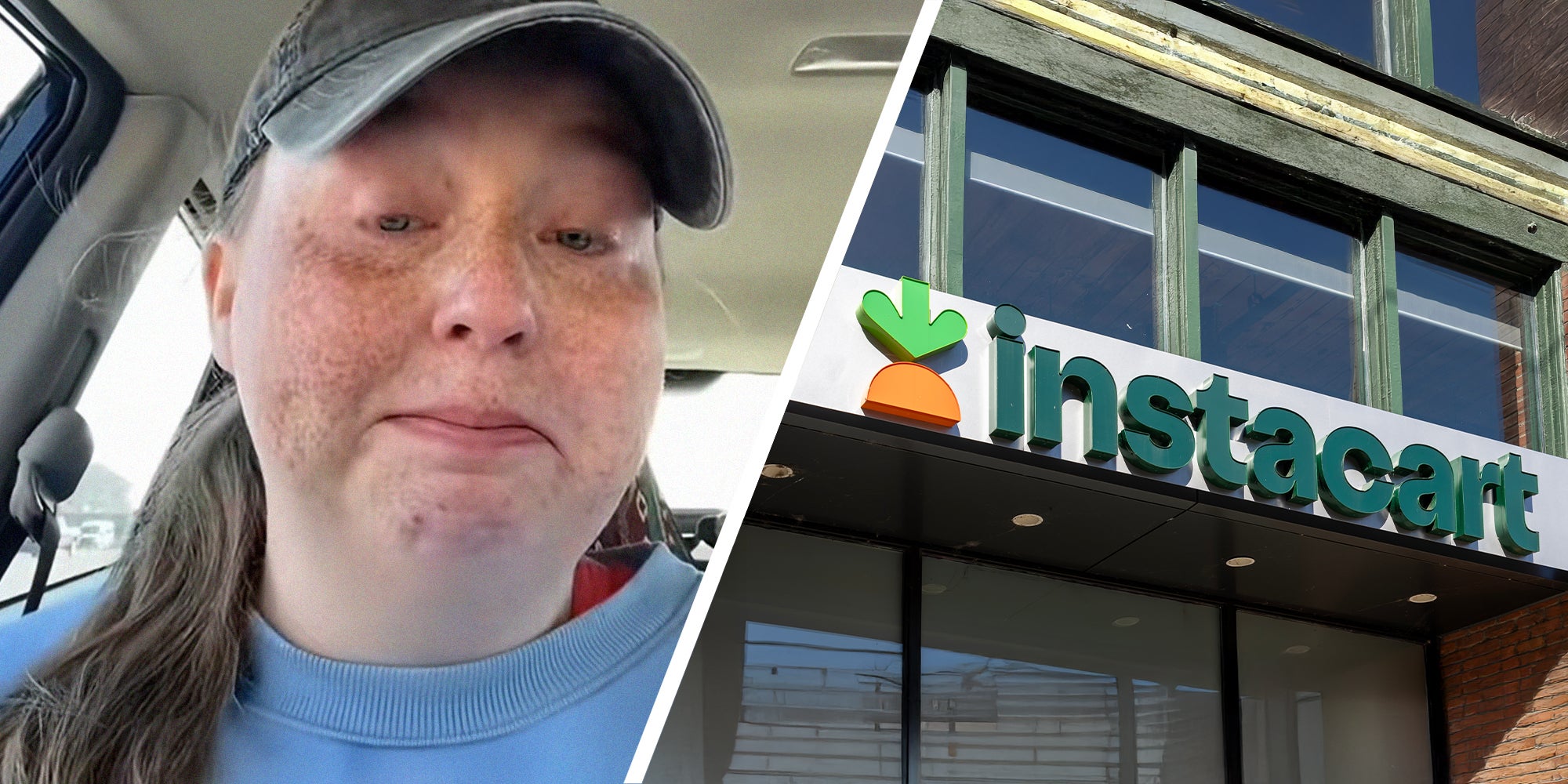 woman sharing her experience working with instacart(l) Instacart logo on building(r)