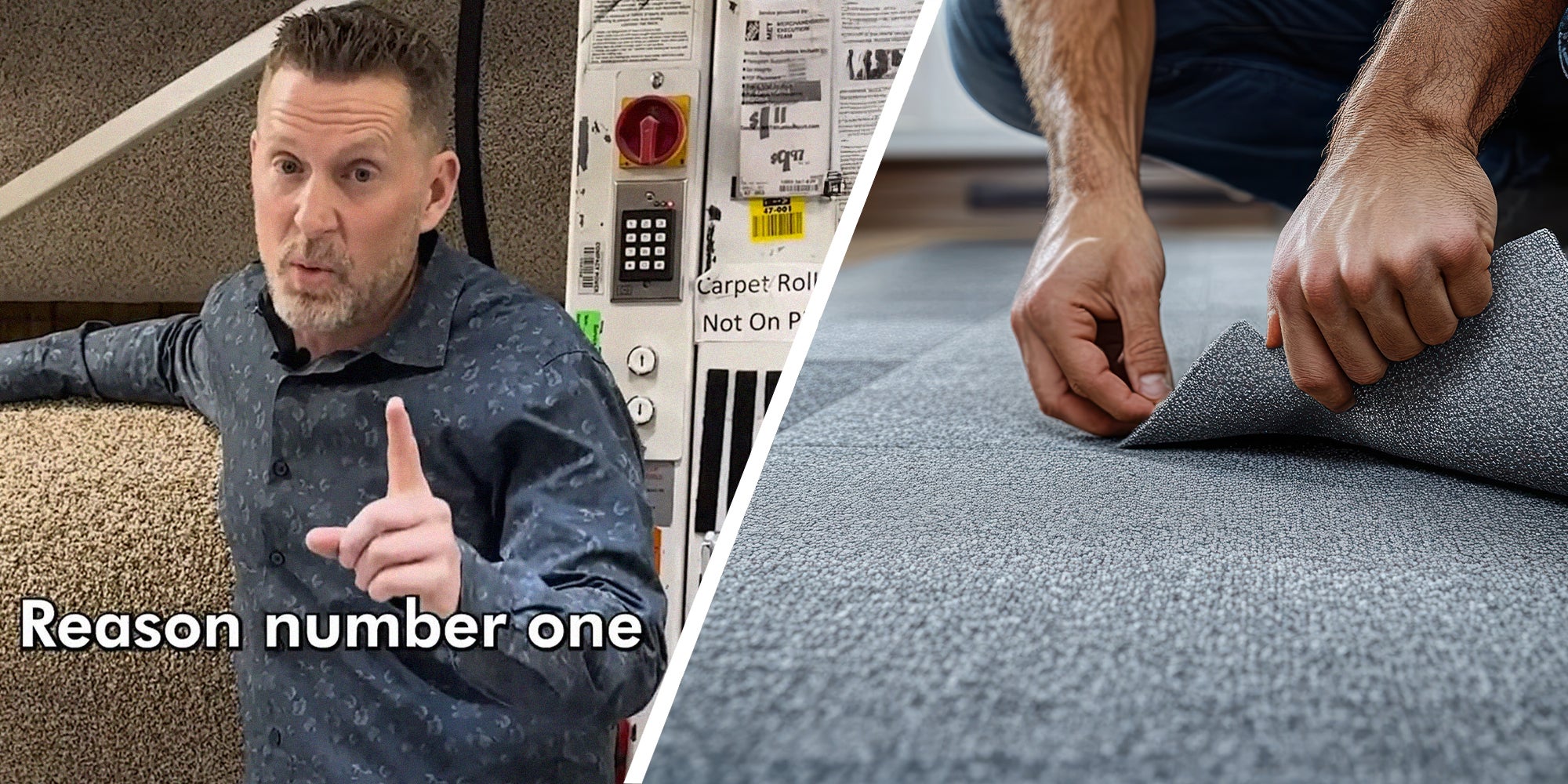 man shares reason why not to install carpets at home(l) Man cutting carpet and installing it on floor(r)