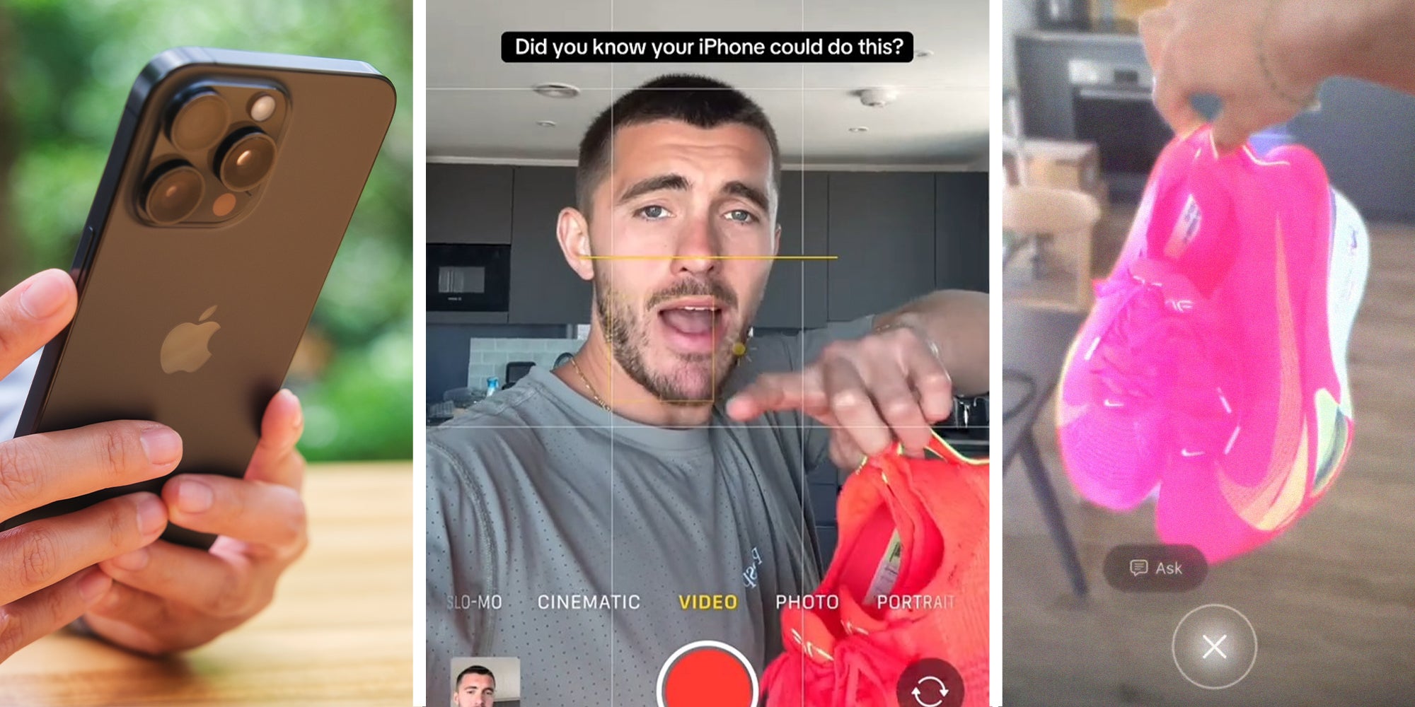 person holding new iphone(l) Man using iphone camera feature(c) Iphone app scanning shoes(r)