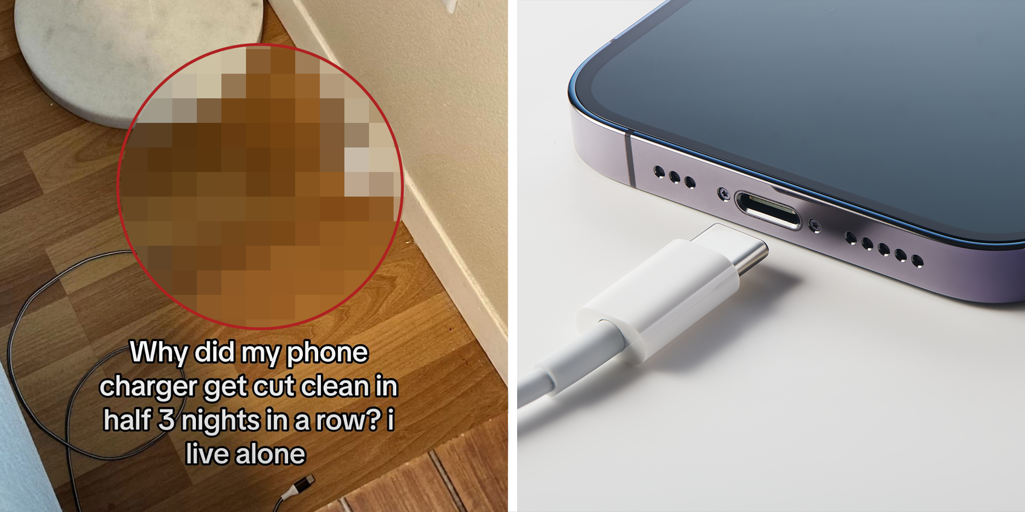 2 image split. Charger on floor with blurred circle and red outline and text that reads: 'Why did my phone charger get cut clean in half 3 nights in a row? I live alone.' on left. iPhone with charger on right.