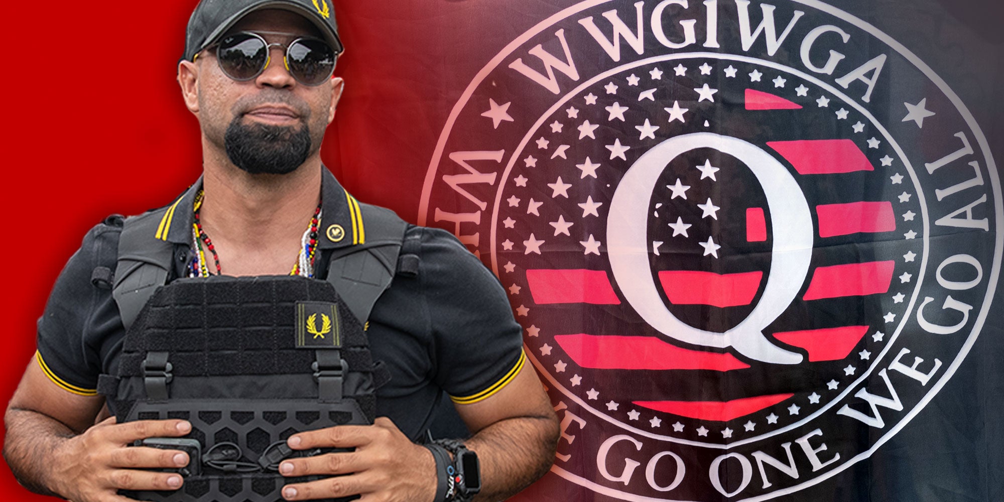 Photo composite of Enrique Tarrio next to a QAnon Flag