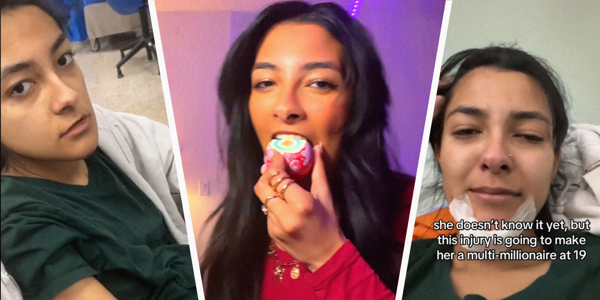 3-panel image of the same person in a hospital and out of the hospital with a jawbreaker candy in their mouth.