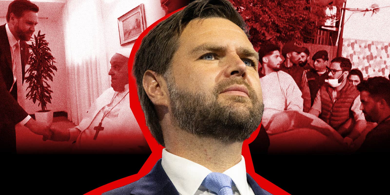 第三幅圖:JD Vance 與已故教宗、JD Vance 以及在克什米爾抬著擔架奔走的人們握手。