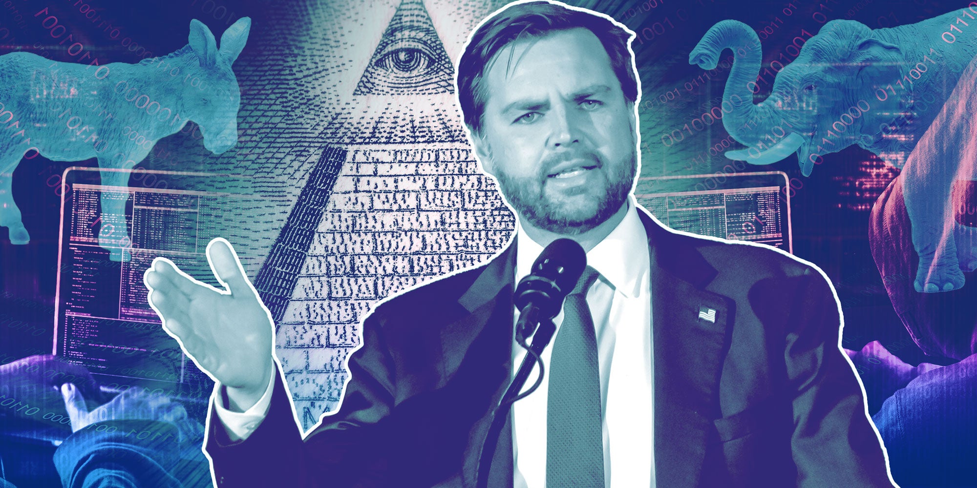 Photo Illustration of JD Vance in front of various Conspiracy theory images.