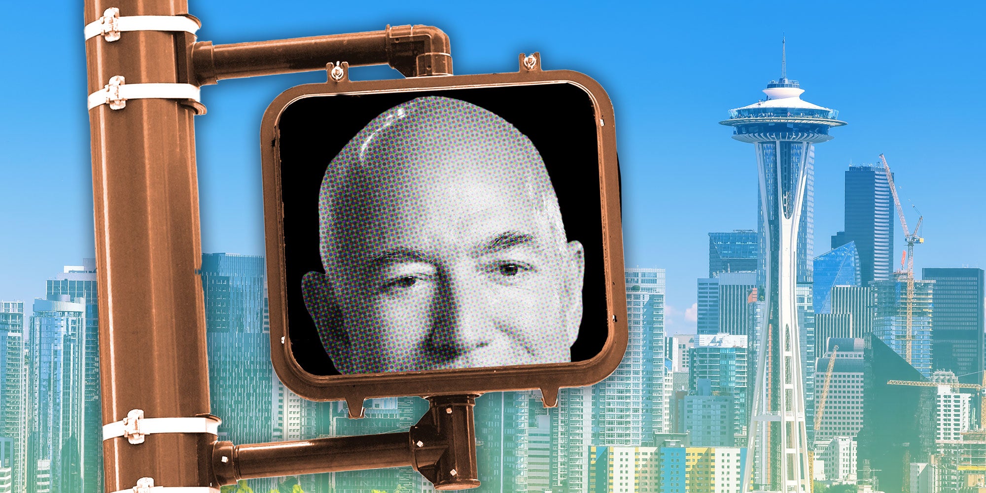 Photo Illustration of Jeff Bezos in a crosswalk sign in front of the skyline in Seattle.