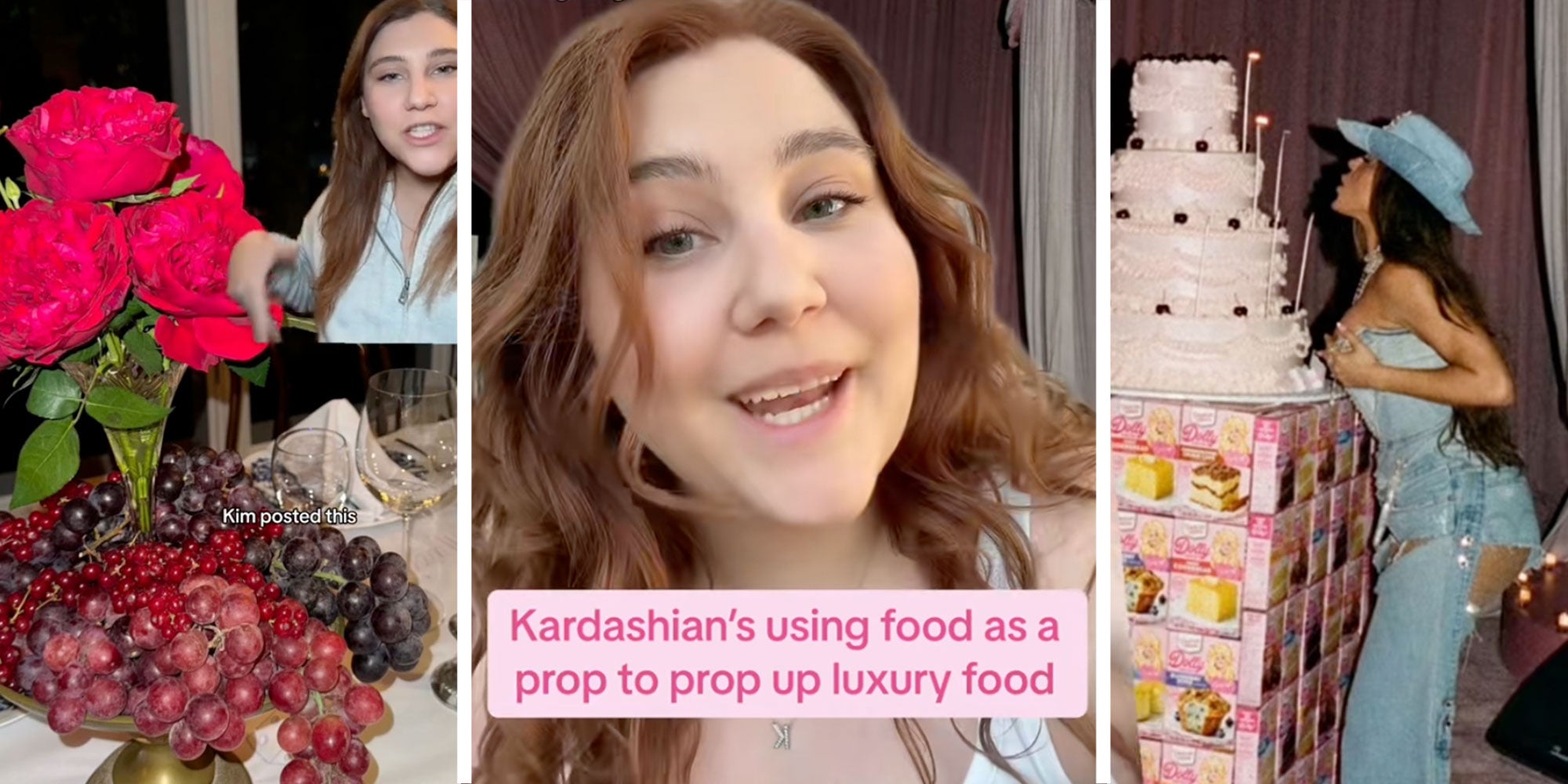 Left: Screenshot from Tiktok user @kfesteryga of Kim Kardashian's grape display; Center: Screenshot of Tiktok user @kfesteryga with the caption 'Kardashian's using food as a prop to prop up luxury food'; Screenshot from Tiktok user @kfesteryga of Khloe Kardashian's birthday cake on top of a structure of cake mix boxes.