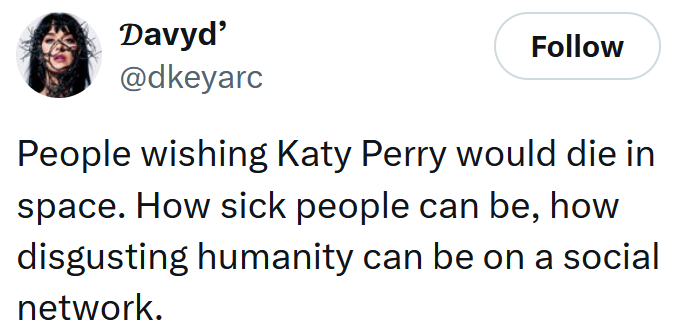 Tweet reading 'People wishing Katy Perry would die in space. How sick people can be, how disgusting humanity can be on a social network.'