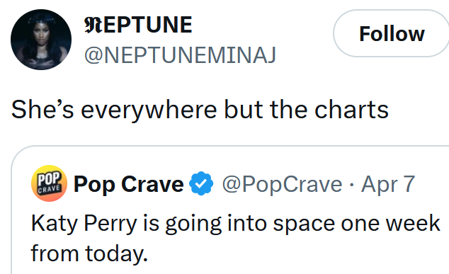 Tweet reading 'She’s everywhere but the charts'