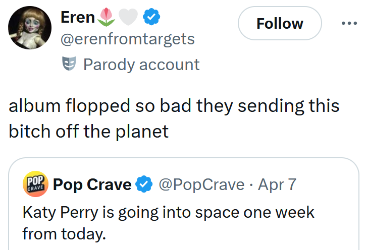 Tweet reading 'album flopped so bad they sending this bitch off the planet'