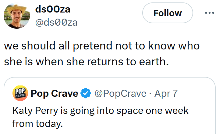Tweet reading 'we should all pretend not to know who she is when she returns to earth.'