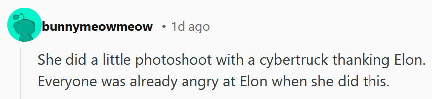 Reddit comment reading 'She did a little photoshoot with a cybertruck thanking Elon. Everyone was already angry at Elon when she did this.'