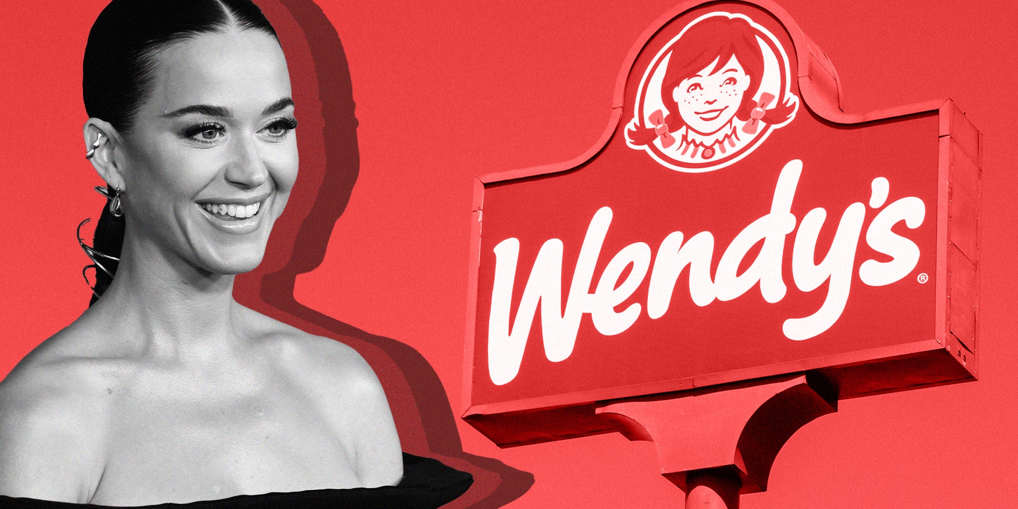 Katy Perry in red background with wendys logo