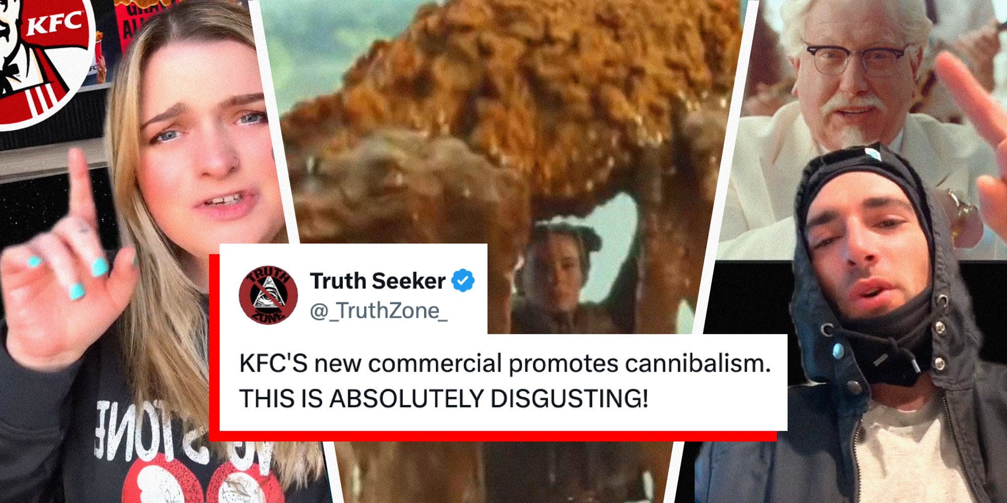 3 panel image: in the middle a scend from a recent KFC commercial and on the sides people explain. A social post is over the whole image.