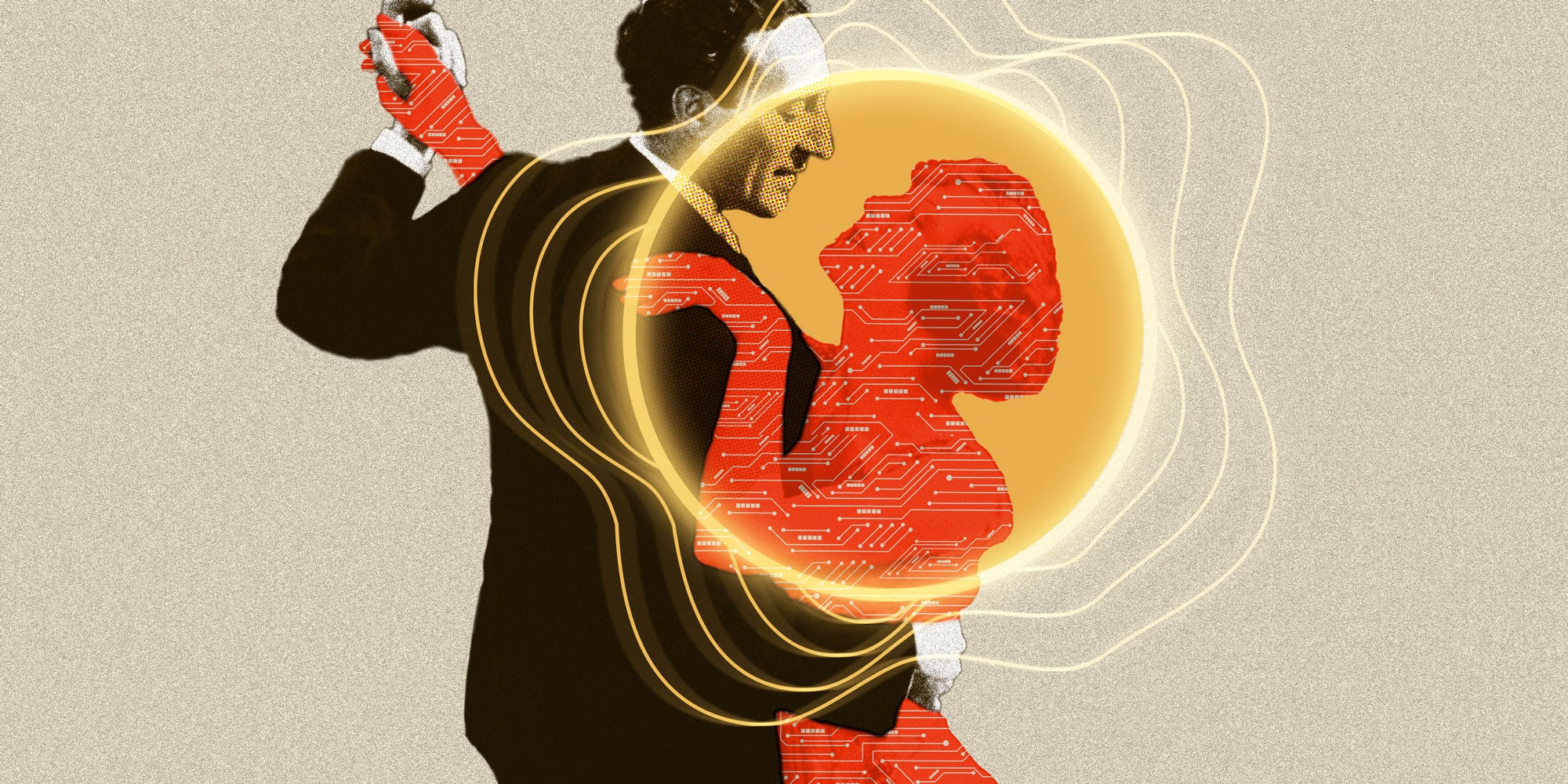 Photo Illustration of a Man dancing with a woman composed of Red AI imagery.