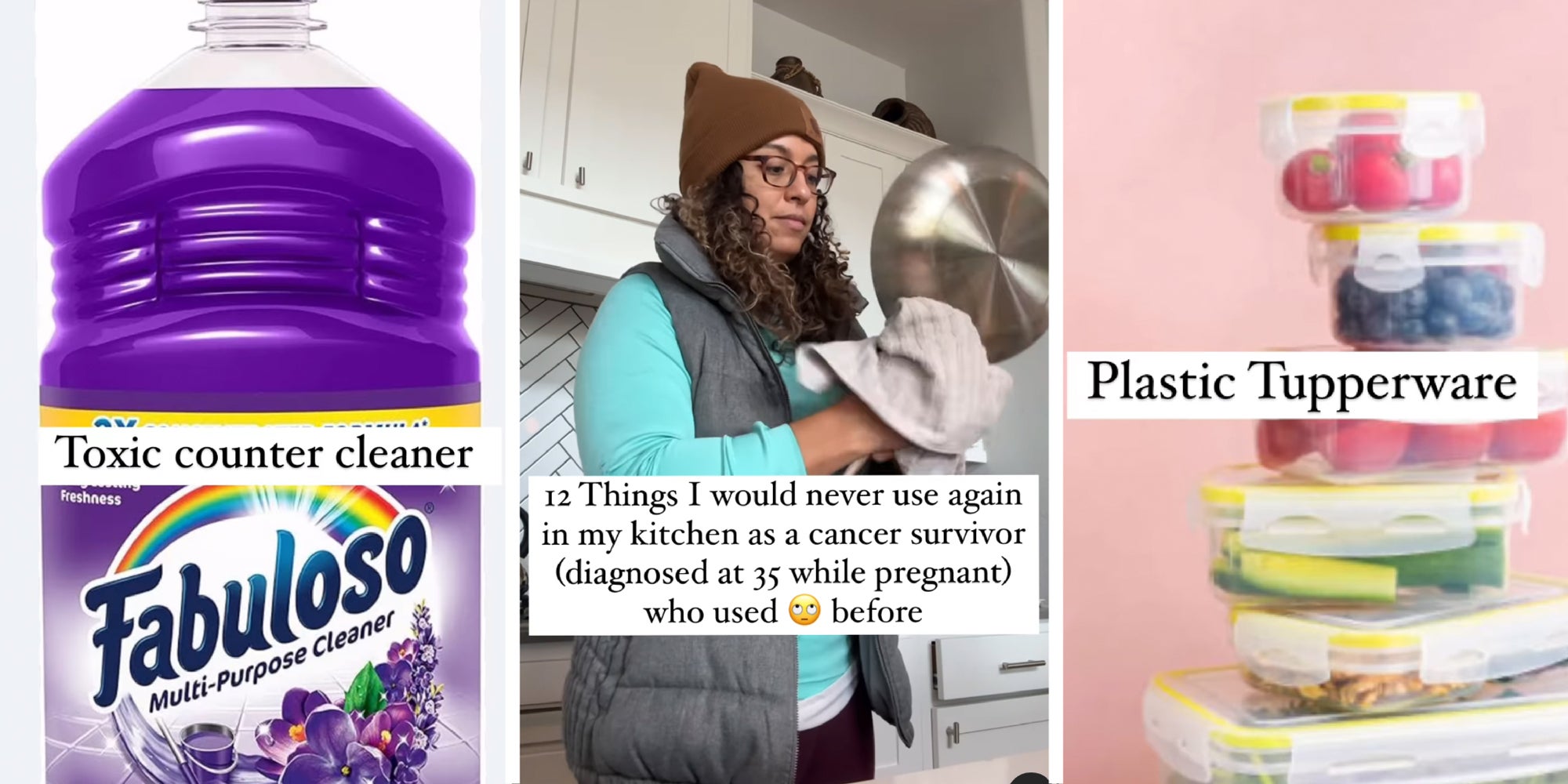 3 panel image: a bottle of Fabuloso, a person drying a pan, and a stack of plastic food containers.