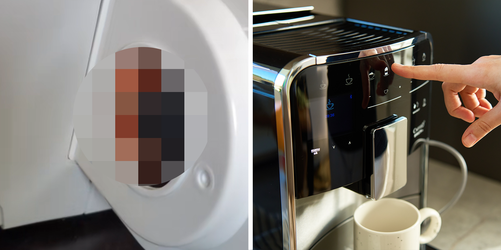2 image split. Coffee machine with blurred circle on left. Coffee being made on right.