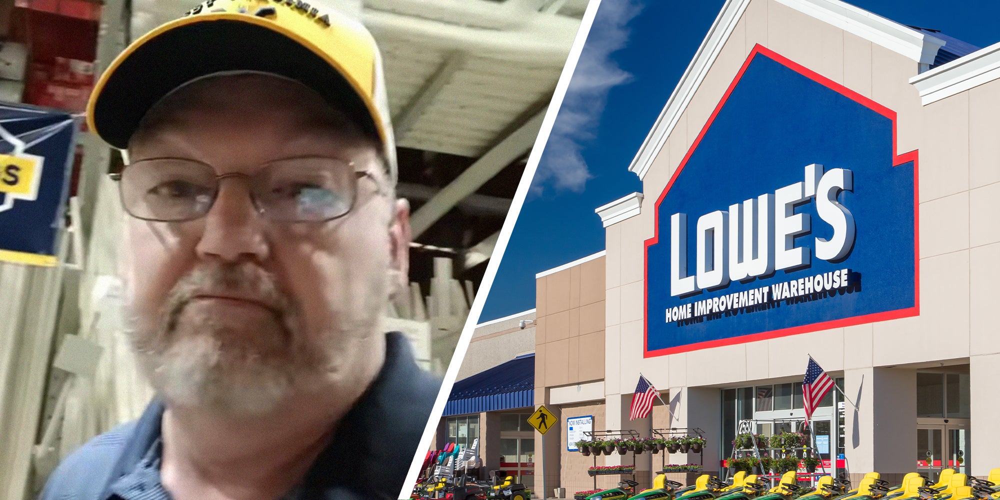 man shares information on how to get customer service to help you(l) Lowe's Store Front(r)
