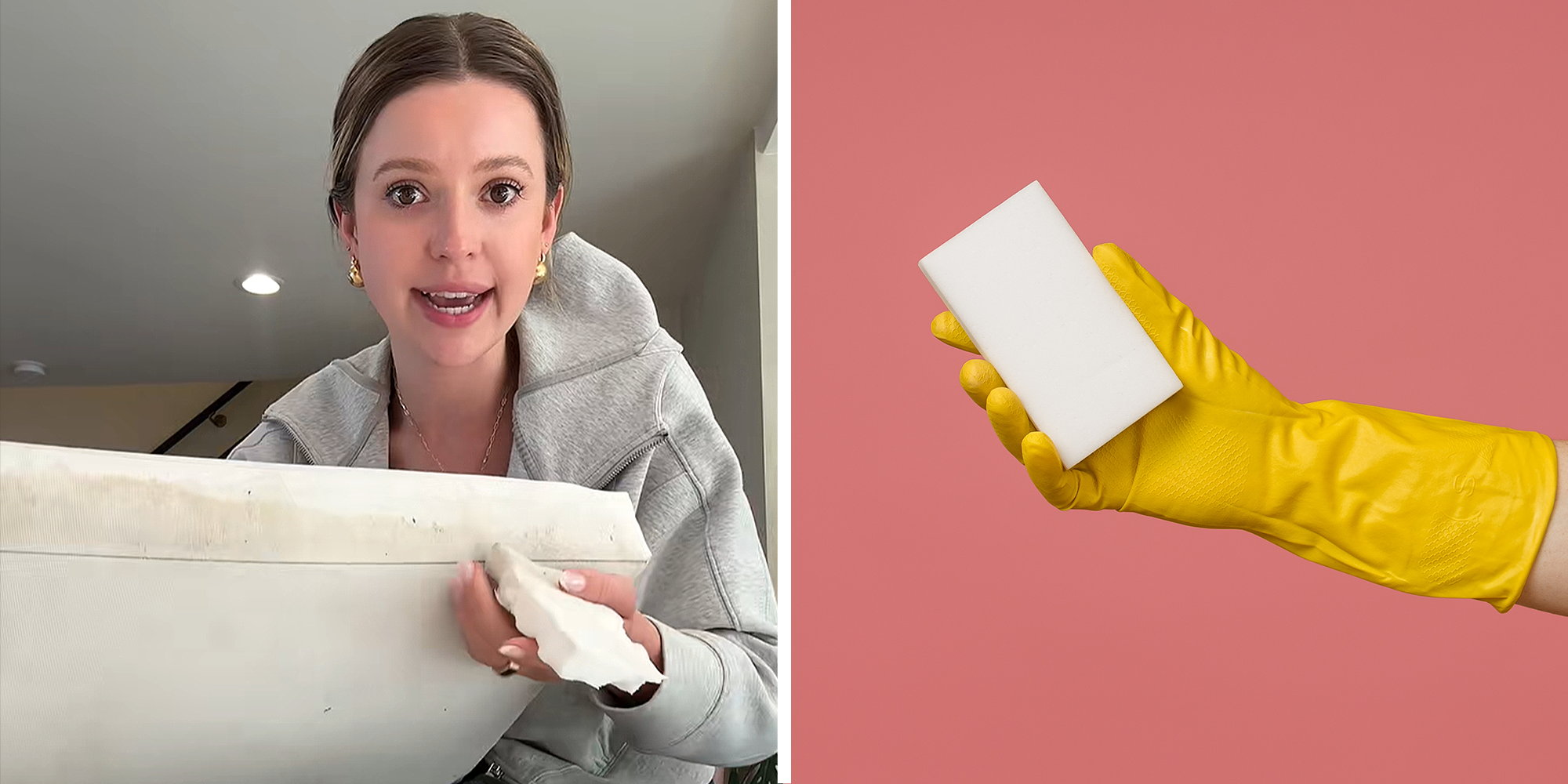 2 image split. Woman holding stained couch cushion on left. Magic eraser in hand on right.