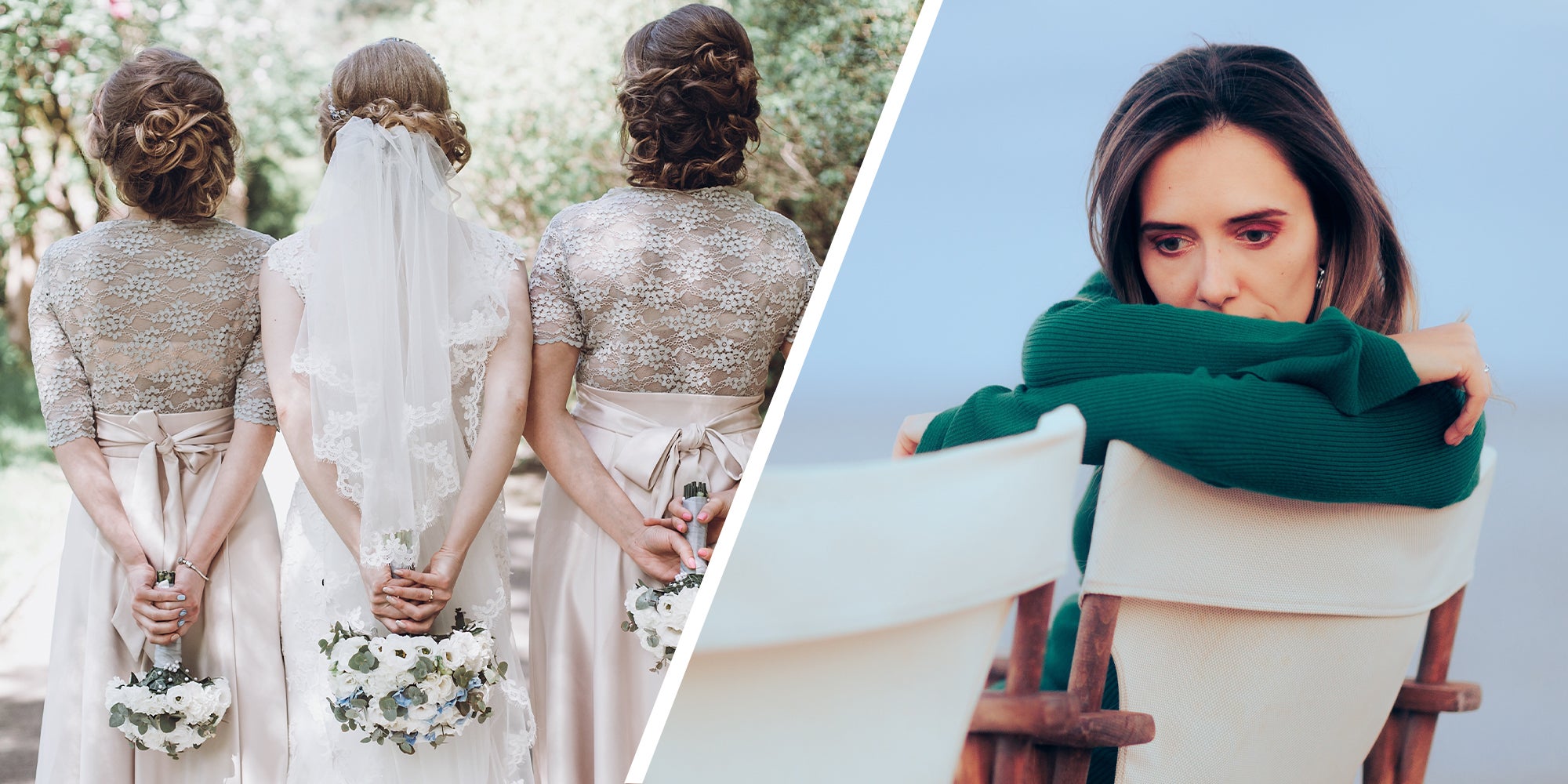 maid of honor with Bride(l) Woman looking sad at wedding(r)