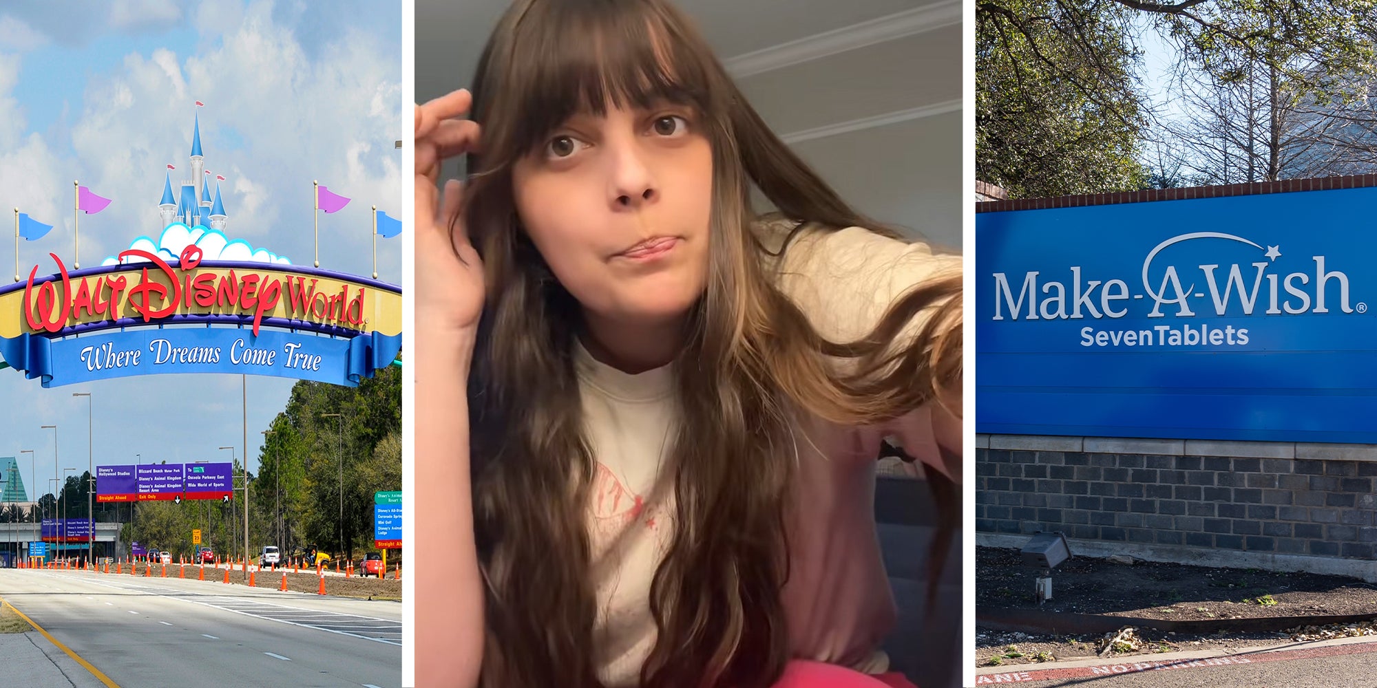 Disney World Road Sign(l) Woman shares trip experience she had with make a wish(c) Make A Wish Sign(r)