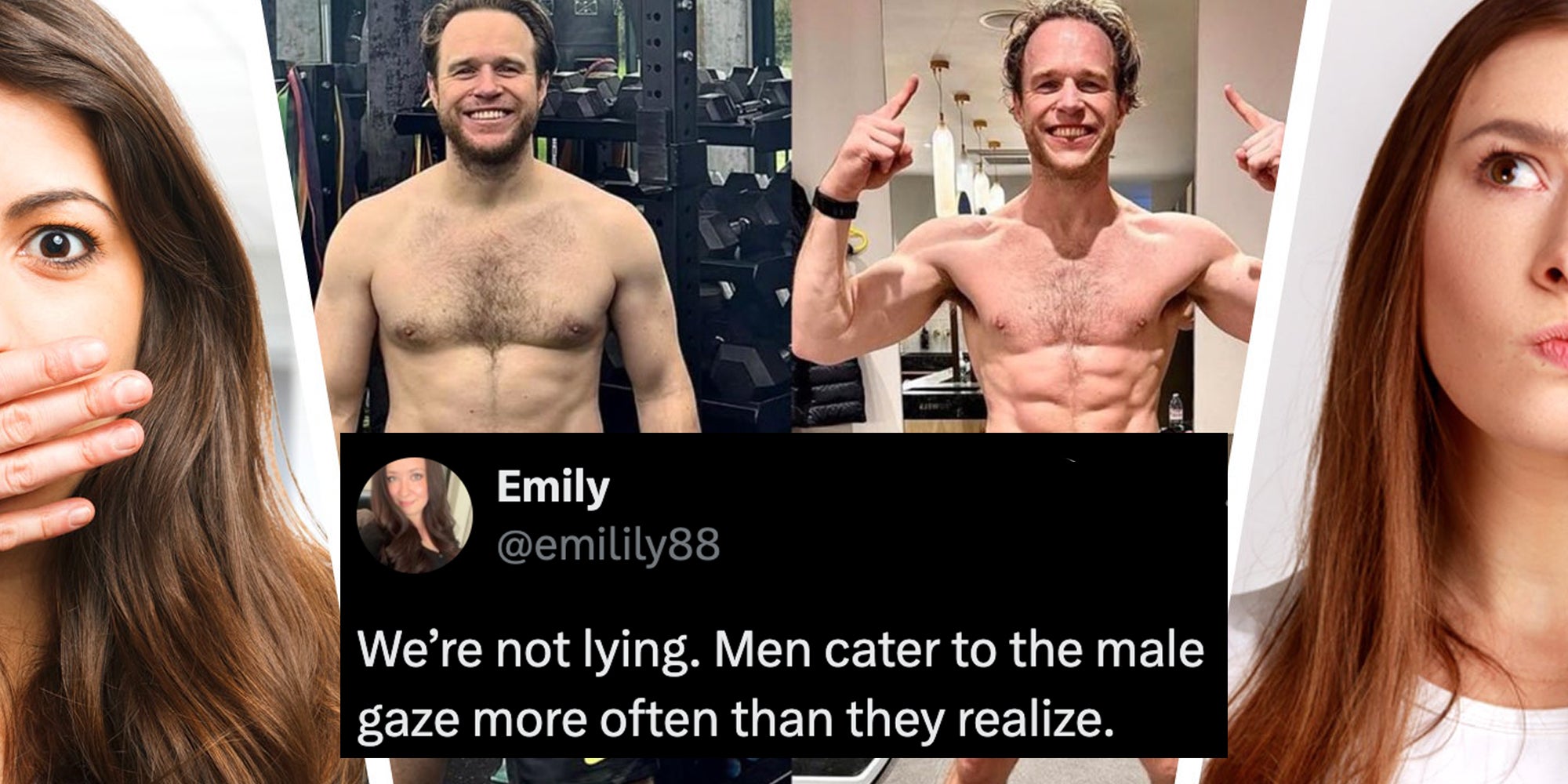 Three panel image with two women on sides and before/after picture of man in middle.