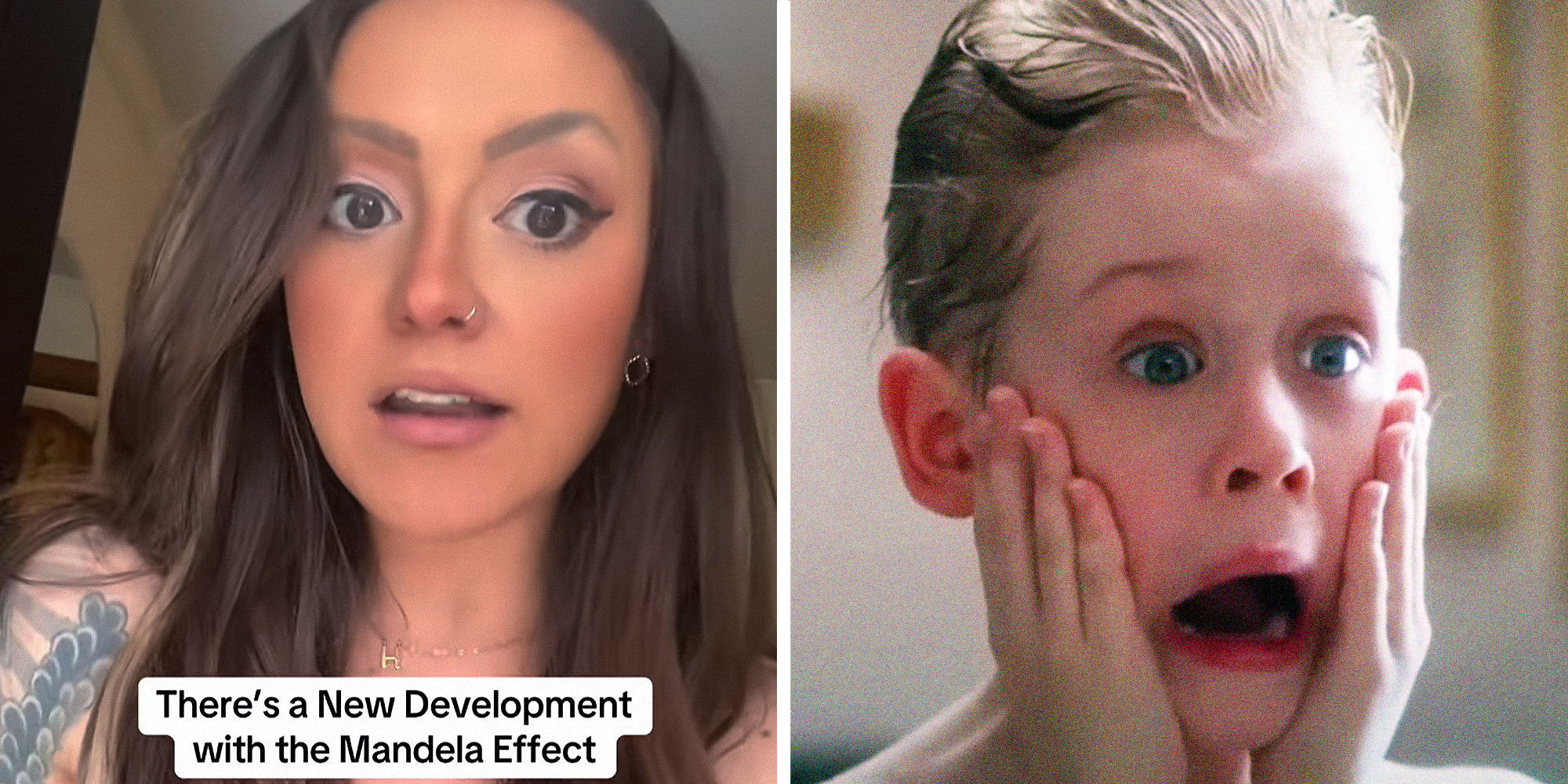 Woman on left with overlayed text that reads: 'There's a new development with the Mandela effect. Home Alone movie still on the right.