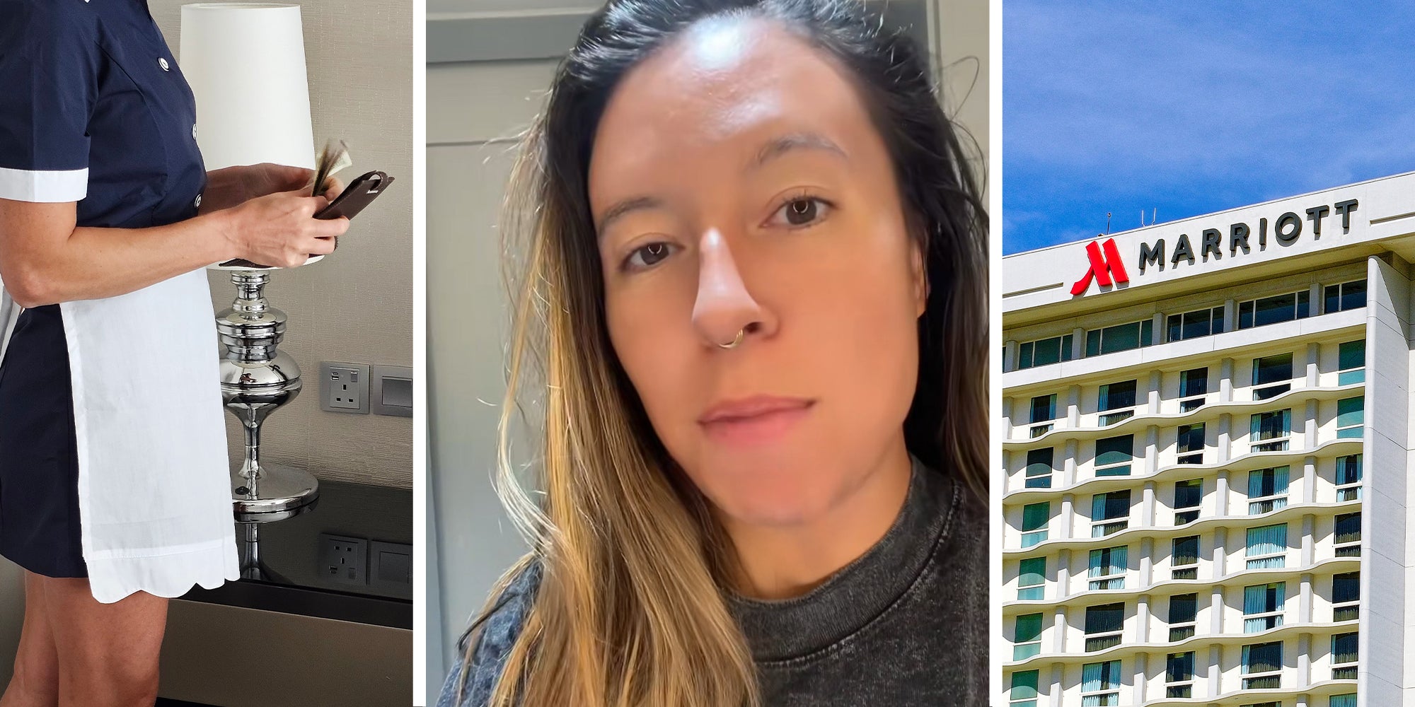 Hotel cleaner taking money(l) woman shares experience at Marriott Hotel(c) Marriott Hotel Front(r)