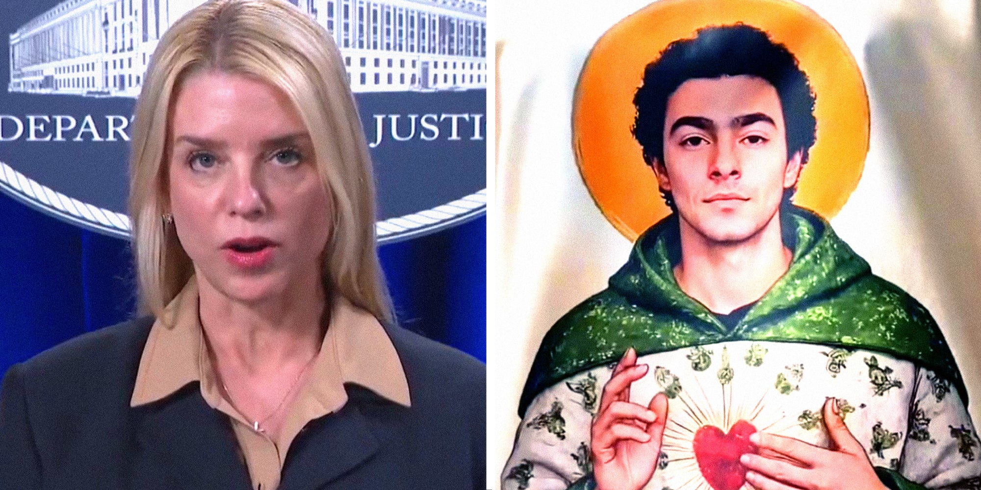 2 panel image: Pam Bondi speaks on the left, on the right is a sweatshirt of Luigi Mangione as a catholic saint.
