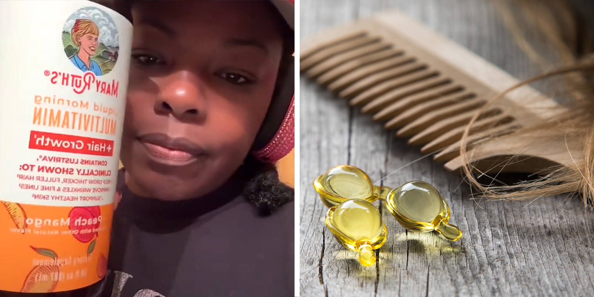 2 image split. Woman, annoyed, holding bottle of Mary Ruth's supplements on left. Hair supplements near hair and comb on right.