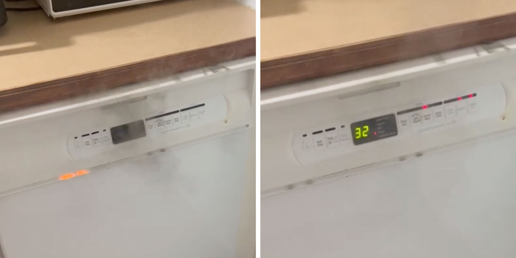 Screenshots from Tiktok user @lizzycayer of a smoking dishwasher.