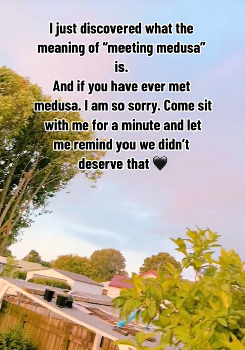 TikTok video of a skyline with a caption reading 'I just discovered what the meaning of 'meeting medusa' is. And is you have ever met medusa. I am so sorry. Come sit with me for a minute and let me remind you we didn't deserve that.'