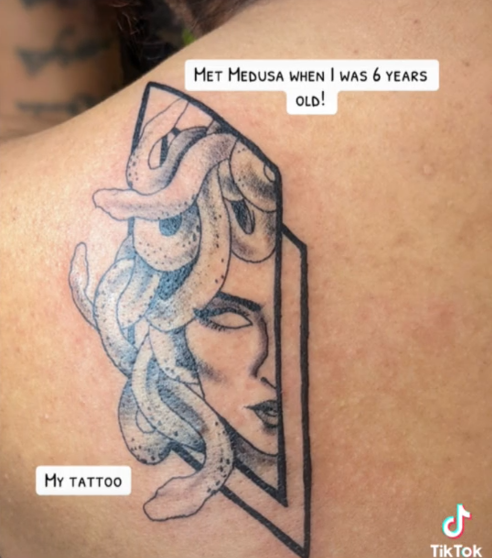 TikTok video showing a Medusa tattoo with a caption reading 'Met Medusa when I was 6 years old!'