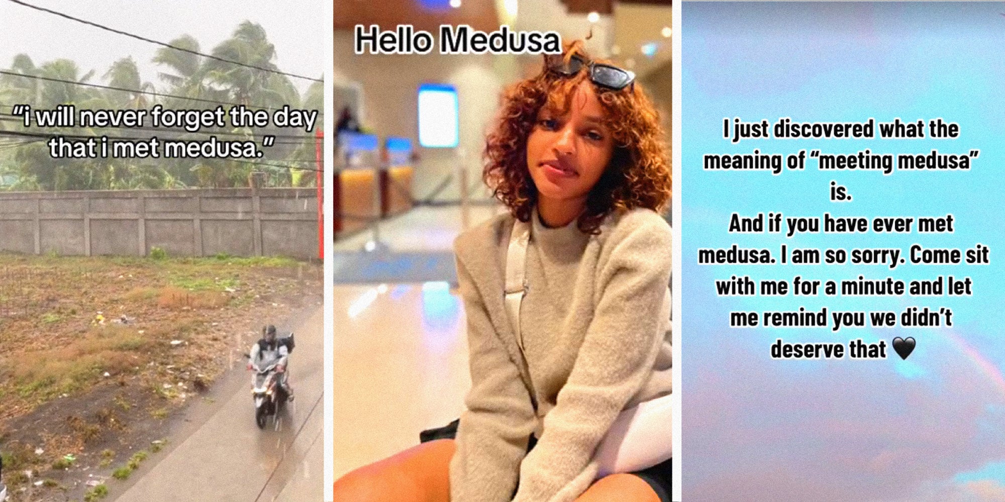 3 panel image showing different social posts about the online expression: meeting Medusa.