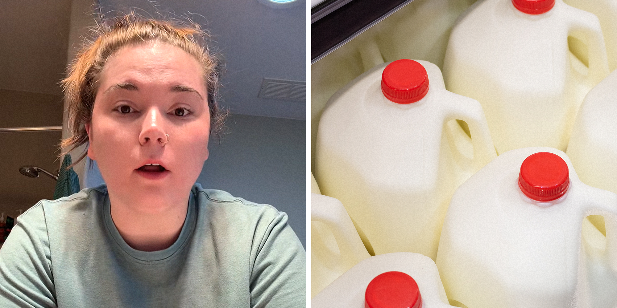 2 panel image. Woman on left looking upset on left. Gallons of milk on right.