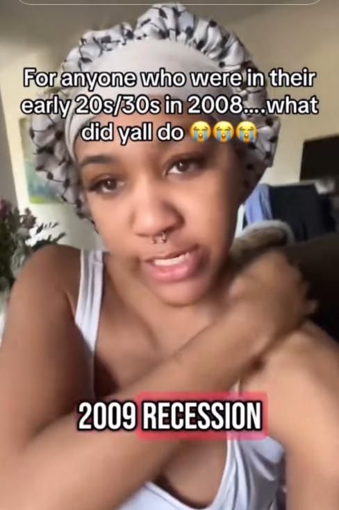 TikTok video of a woman in a shower cap under the caption 'For anyone who were in their early 20s/30s in 2008....what did yall do'
