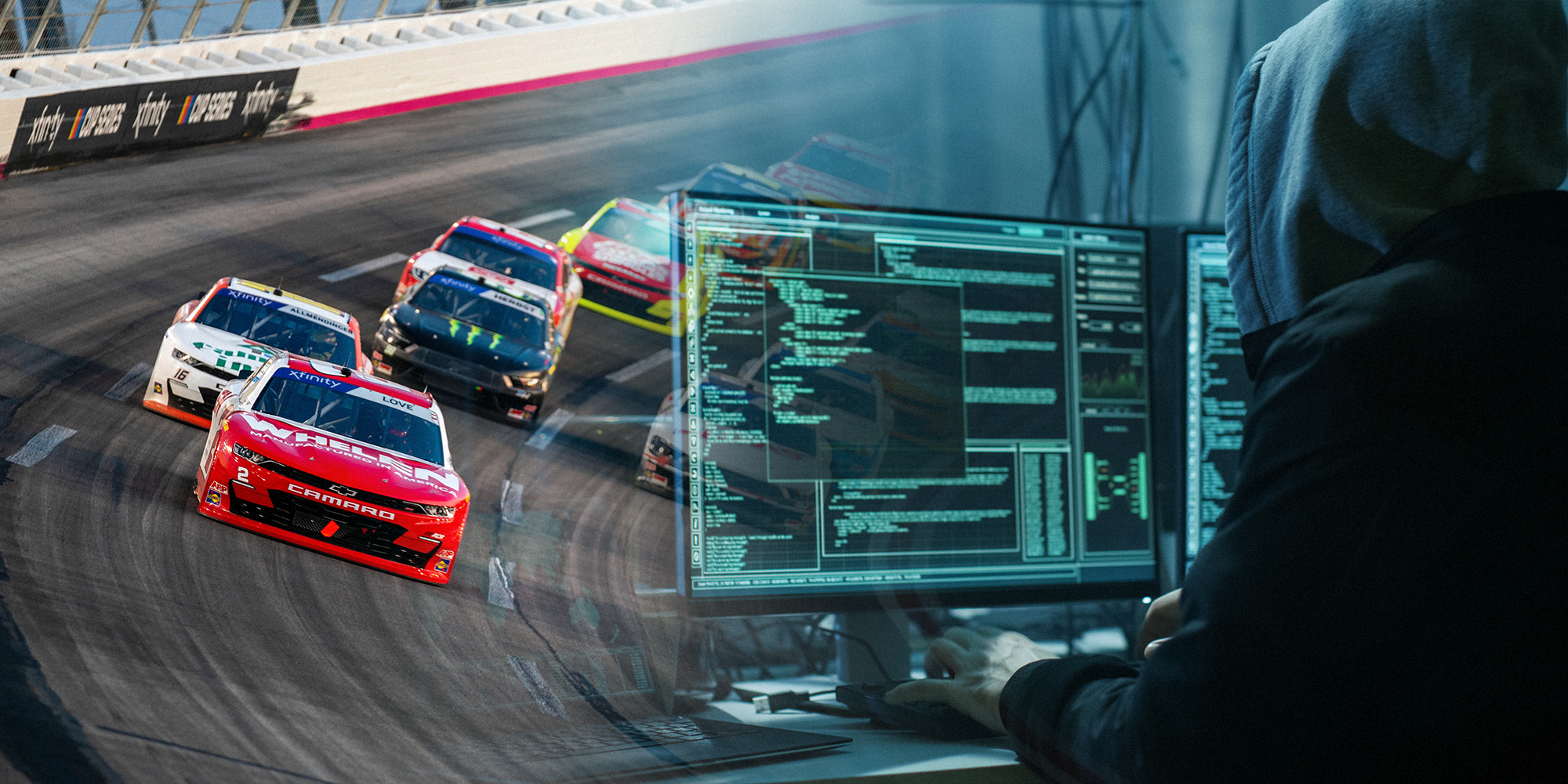 Nascar race with computer hacker overlayed