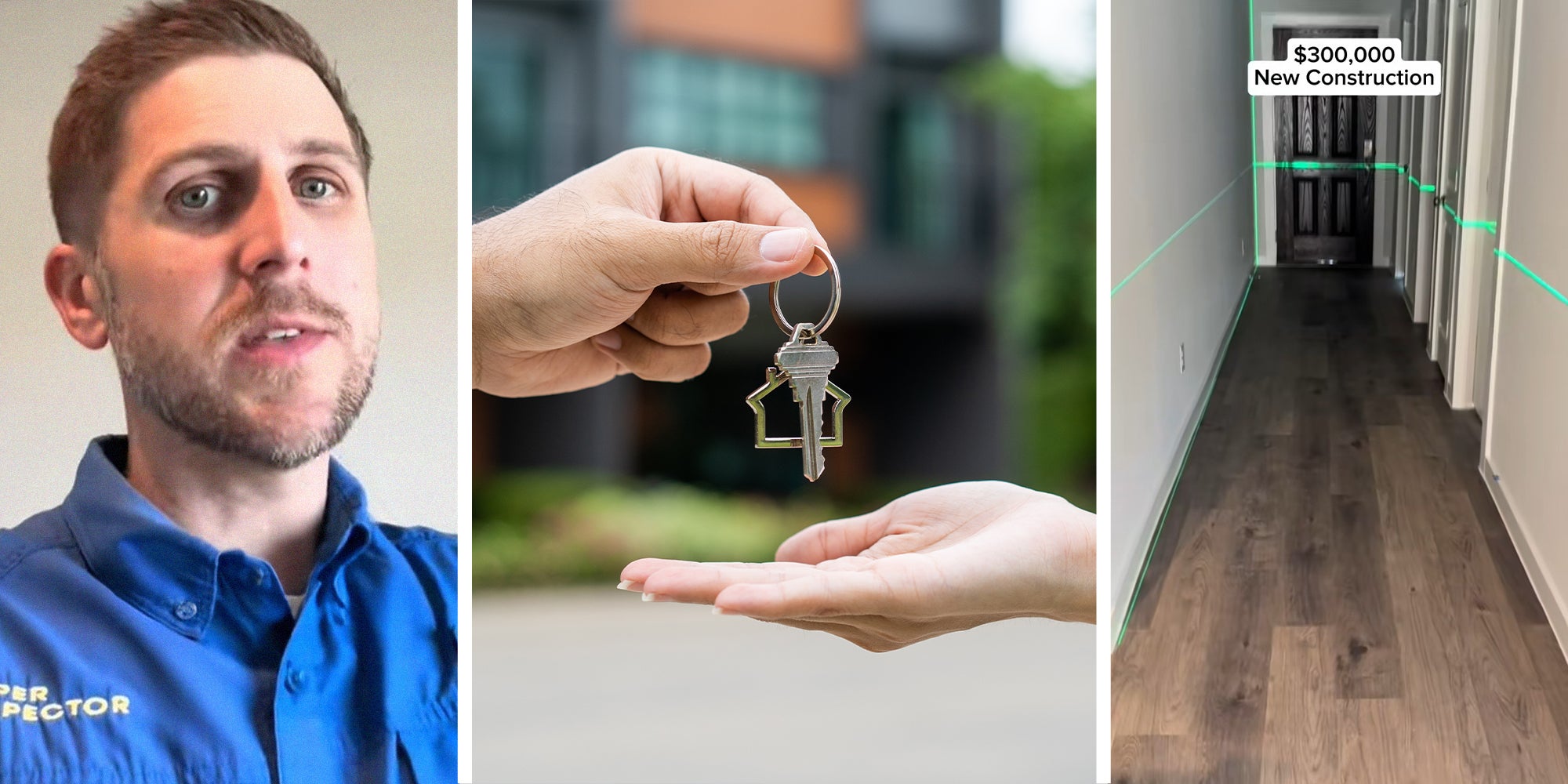 man shares information on how new homes are built(l) Person giving keys to newly built home(c) Measuring home with laser(r)