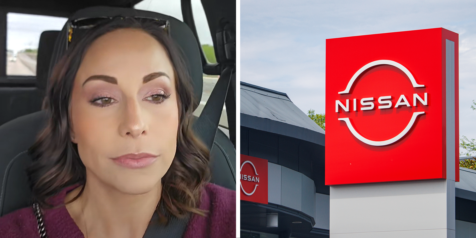 2 image split. Woman on left. Nissan dealership on right.