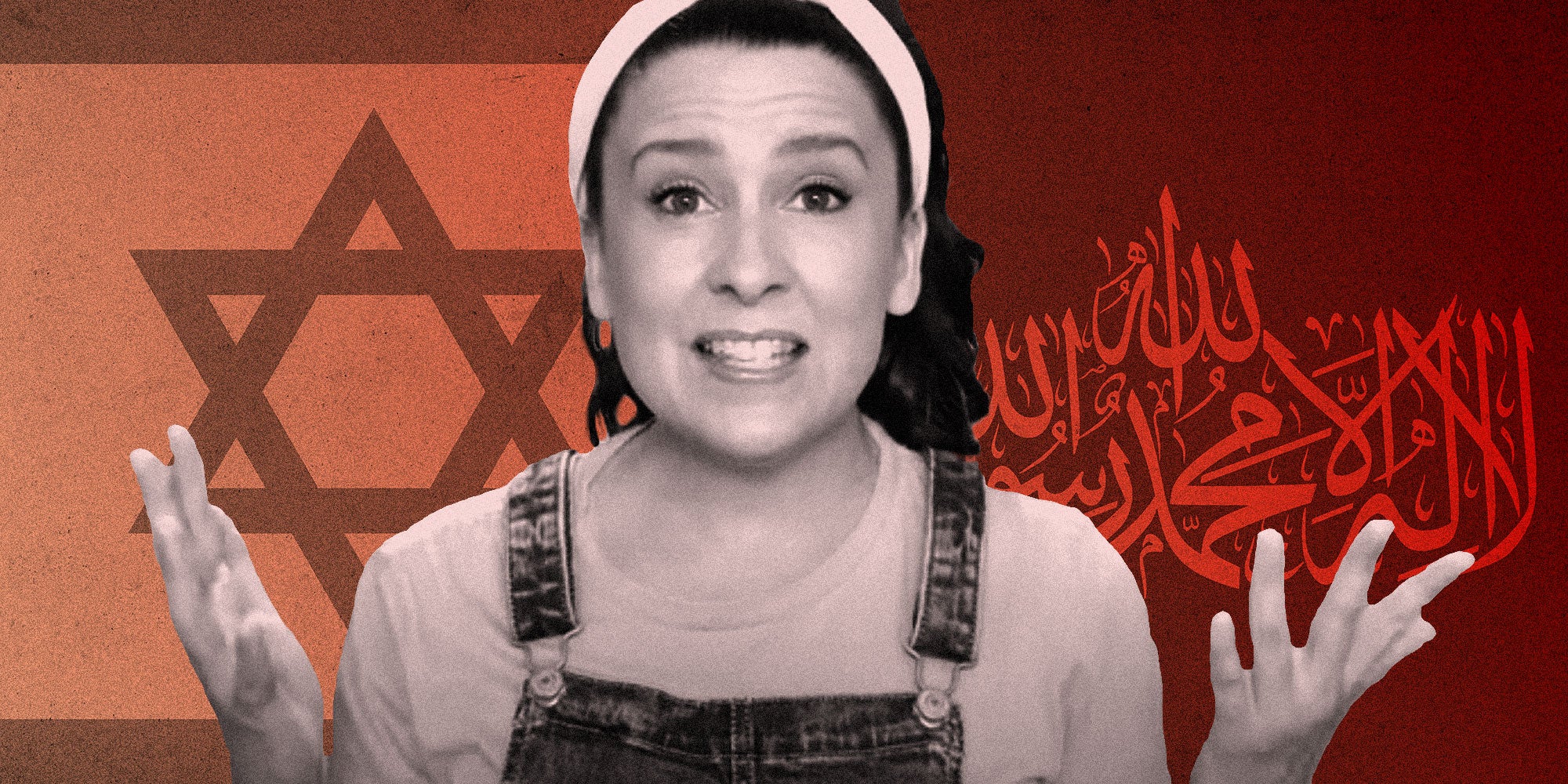 Photo Illustration of Ms. Rachel over Israel and Hamas flags.
