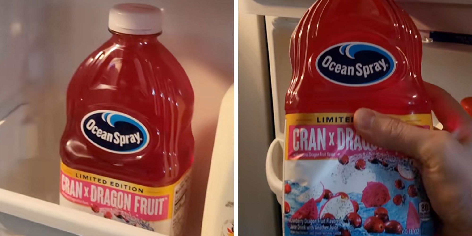 Two side-by-side screenshots from Tiktok user @kimchistudios of a bottle of Ocean Spray Cran X Dragon Fruit Juice.