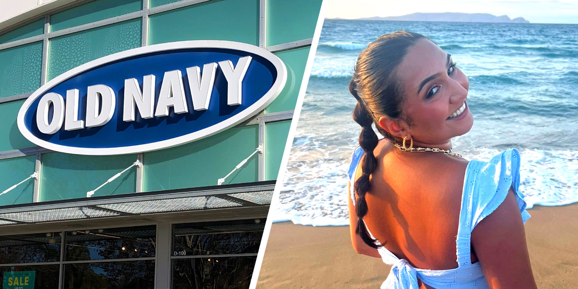 2 panel image of an Old Navy store and a person smiling.