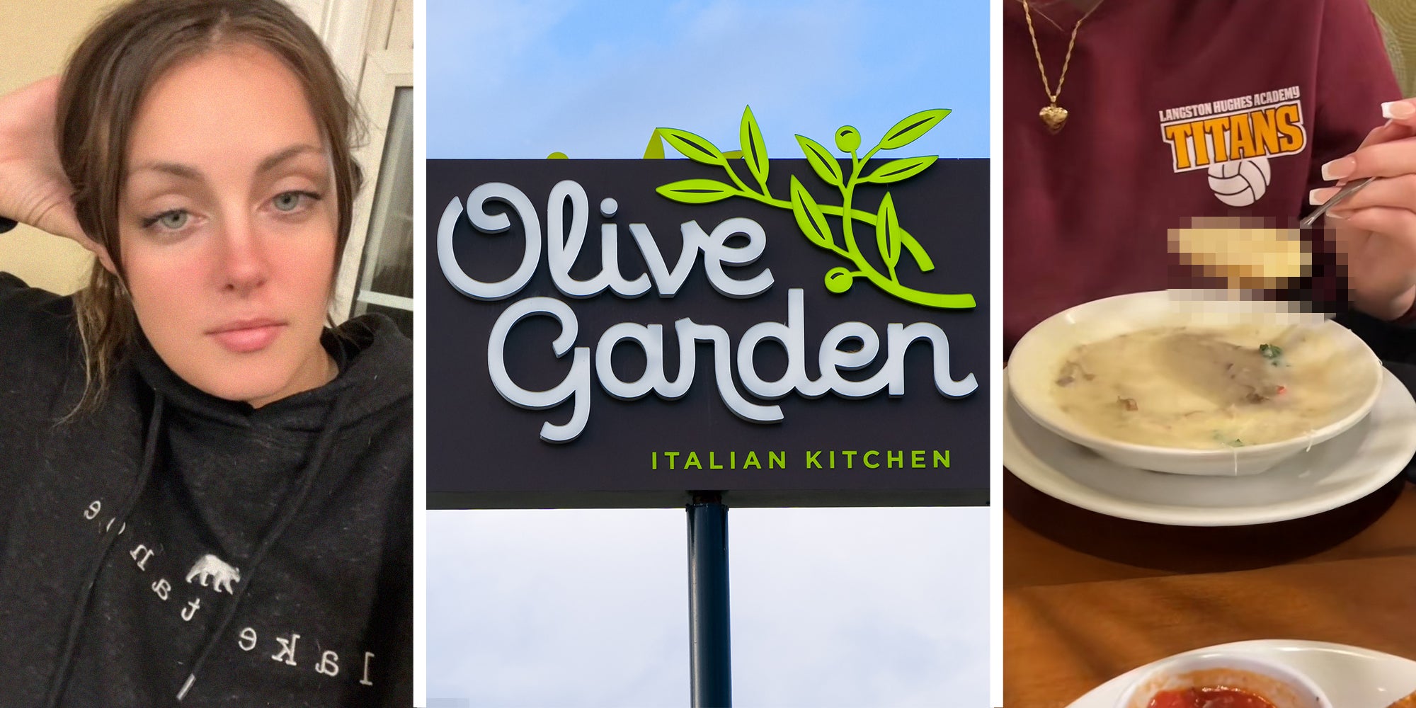 woman shares what she found in her soup(l) Olive Garden outdoor sign(c) blurred close up of what came out of soup at olive garden(r)
