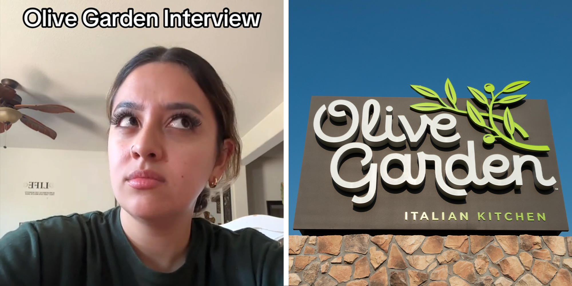 2 image split. Woman looking annoyed with caption that reads: 'Olive Garden Interview' on left. Olive Garden restaurant on right.