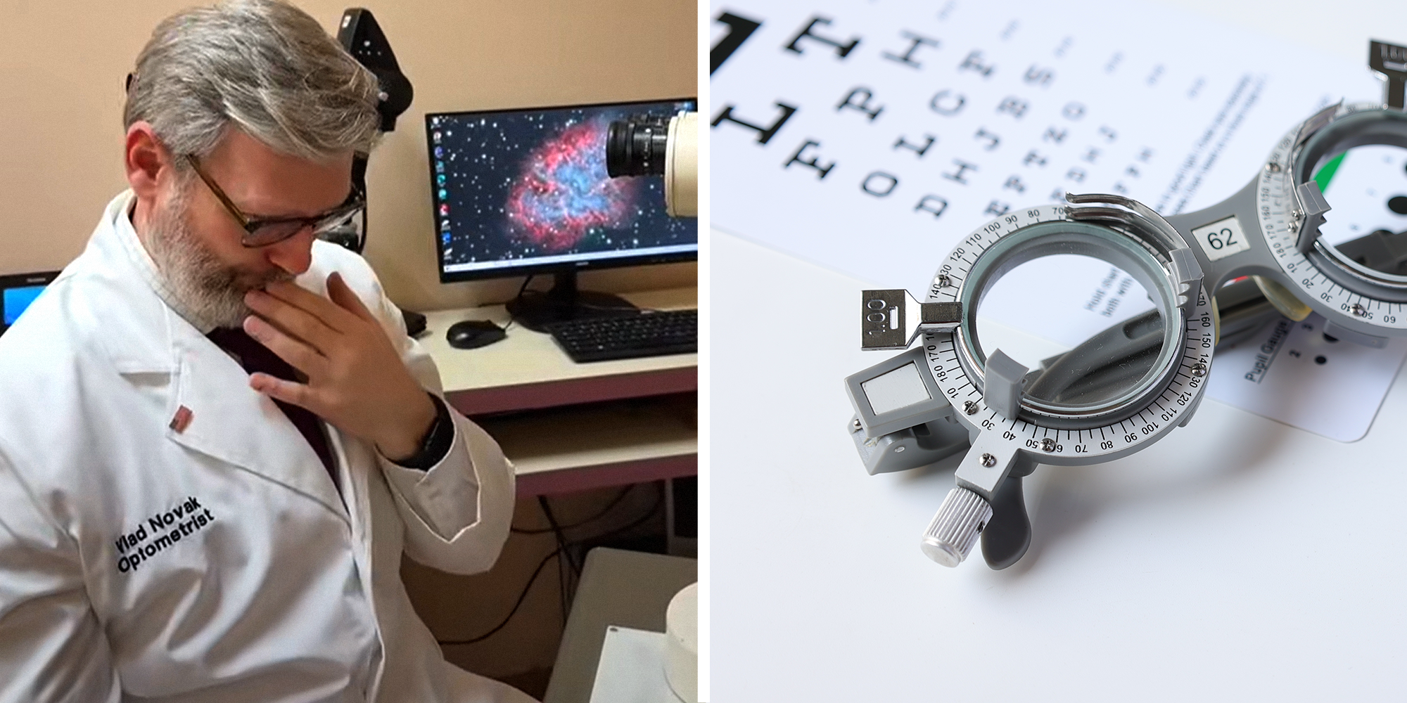2 image split. Optometrist looking down and grossed out on left. Eye magnifiers on right.