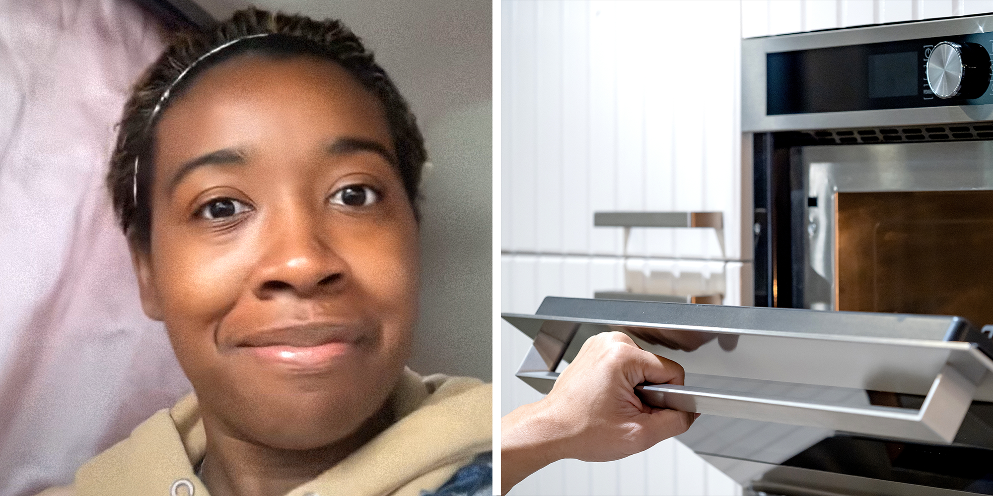 2 image split. Woman looking shocked on left. Hand opening oven on right.