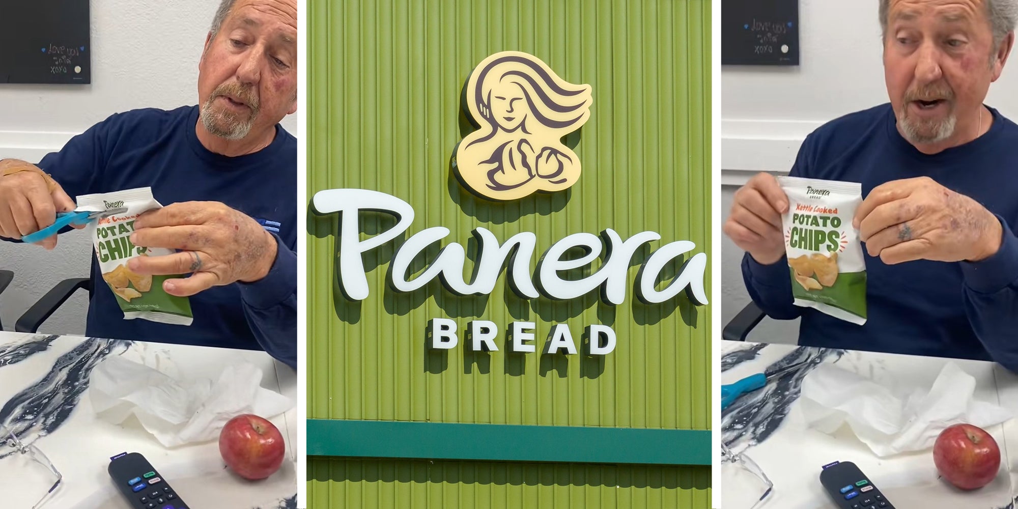 man opens panera chips with scissors(r) Panera Bread Logo(c) Man holds up panera potato chips(r)