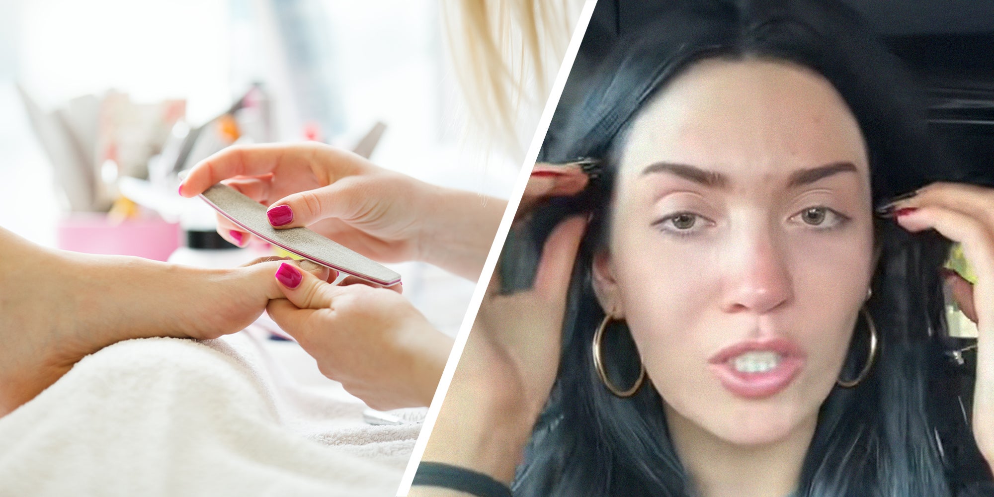 Beautician doing pedicure(l) woman shares what happened to her during her pedicure(r)