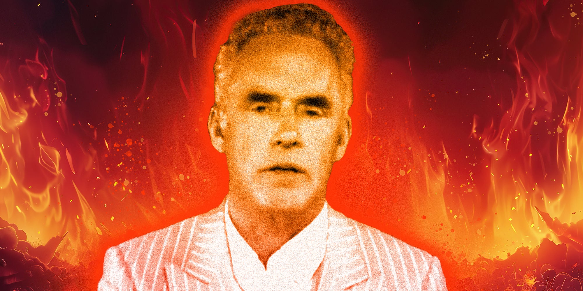 A photo collage of a person in a fiery background.